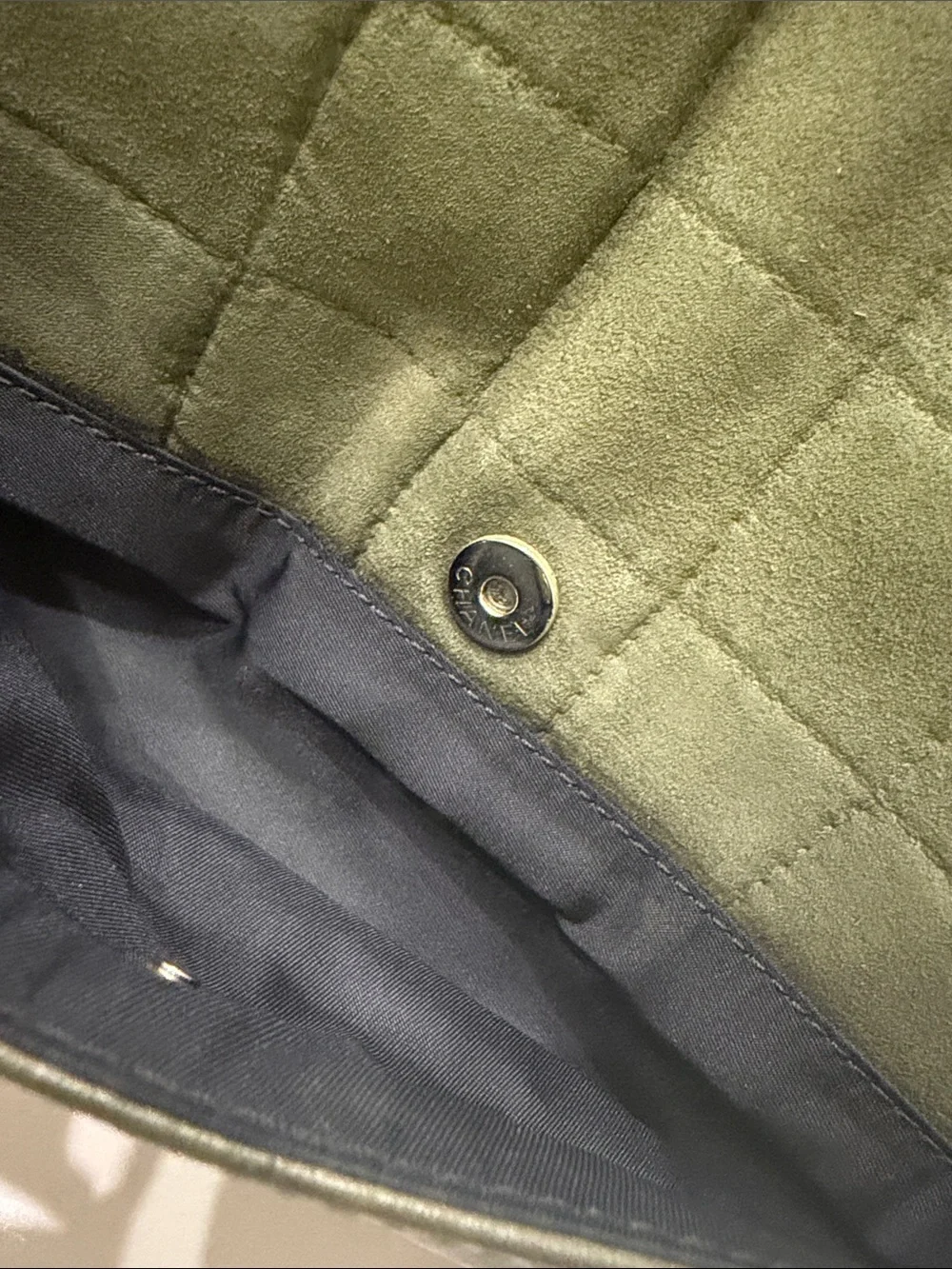 CHANEL Quilted Suede Shoulder Bag in Olive Green with Silver Hardware